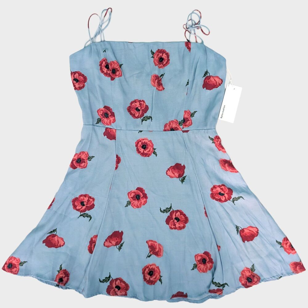 Reformation Light Blue Mini Dress with Red Floral Print